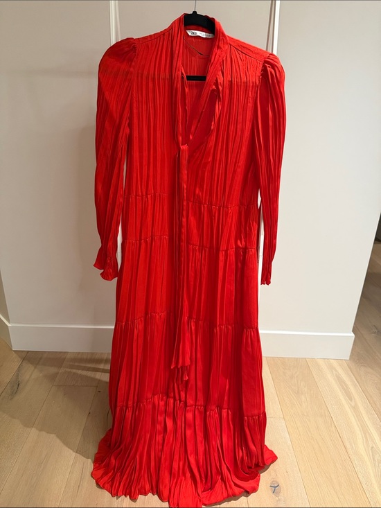 Zara Dresses & Skirts - Zara Red Pleated Tiered Maxi Dress with Neck Tie